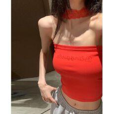 批发纯欲风蕾丝拼接挂脖设计原创美式辣妹可拆卸胸垫修身显瘦抹胸上衣
