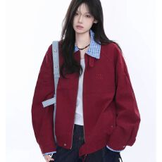 批发格子翻领红色工装夹克<b class='q'>外套</b>女2025新款秋季宽松<b class='q'>休闲</b>运动百搭上衣