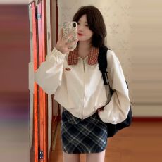 批发原版好质量 外套女春秋立领格纹宽松休闲翻领短款<b class='q'>夹克</b>上衣