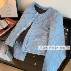 批发韩系小香风高级感菱格牛仔夹棉棉服男女秋冬气质百搭轻薄保暖外套