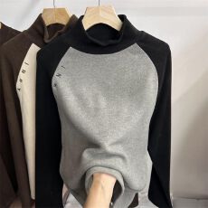 批发双面绒加厚内搭<b class='q'>打底衫</b>女秋冬半高立领T恤小衫撞色插肩袖德绒上衣