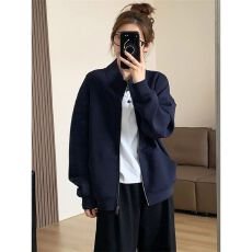 批发显白减龄藏青色立领外套女宽松韩版空气层春秋款气质百搭拉链<b class='q'>卫衣</b>