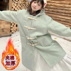 批发韩系薄荷绿连帽毛呢外套女秋冬季小个子<b class='q'>中长款</b>加厚呢子大衣显瘦
