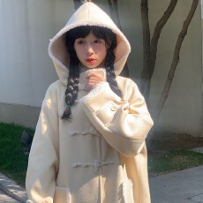 批发霍里德地图高级感超好看外套秋冬奶黄色牛角扣<b class='q'>中长款</b>呢子夹棉大衣