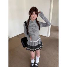 批发【淡系奶油米】 灰色波点蓝花边高领堆堆领打底内搭长袖上衣