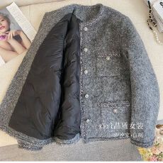 批发夹棉高级感灰色气质千金小香风外套女冬季新款羊毛呢加厚宽松大衣