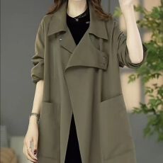 批发欧版大气翻领风衣外套女中长款大码女装轻奢气质慵懒宽松大衣<b class='q'>春</b>秋