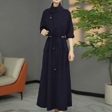 批发送腰带高档轻奢精纺格调藏蓝连衣裙大码遮肉宽松显瘦过膝长裙子<b class='q'>秋</b>