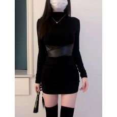 批发黑色半高领长袖打底连衣裙女秋季新款设计感纯欲风收腰包臀短<b class='q'>裙子</b>