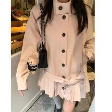 批发法式百搭通勤高级单排扣立领收腰百褶裙风衣廓形外套女秋<b class='q'>冬</b>