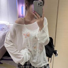 批发韩系纯欲<b class='q'>长袖</b>t恤女春夏季防晒微透罩衫宽松显瘦凉感打底衫上衣