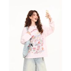 批发复古涂鸦印花<b class='q'>长袖</b>t恤女春夏宽松轻薄慵懒风防晒罩衫上衣