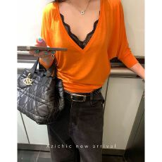 批发天丝亚麻深V领中<b class='q'>袖</b>罩衫女透气舒适五分<b class='q'>袖</b><b class='q'>T</b><b class='q'>恤</b>上衣
