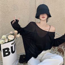 批发黑色露肩长袖T恤女<b class='q'>春</b>夏欧洲站新款斜肩宽松防晒空调百搭罩衫上衣