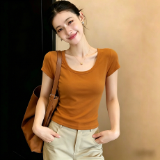 韩版字母印花短袖U领T恤女2026夏季修身显瘦小众洋气上衣