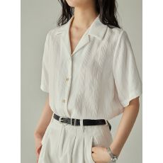 批发宽松短袖古巴领短袖<b class='q'>衬衫</b>女夏季法式复古通勤<b class='q'>职业</b>时尚休闲上衣