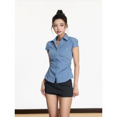 批发学院风辣妹掐腰显瘦短袖<b class='q'>衬衫</b>女短款<b class='q'>上衣</b>夏季<b class='q'>衬衣</b>小衫