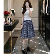 批发温柔甜美休闲运动套装女夏显瘦修身短袖T恤格纹半身裙时尚<b class='q'>两件套</b>