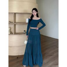 批发一字肩修身纯欲长袖T恤女<b class='q'>秋</b>季时尚套装高腰半身裙大摆裙子两件套