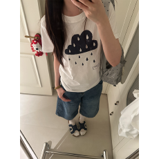 批发纯棉乌云小雨印花短袖t恤女2026夏季宽松休闲百搭设计感小众上衣