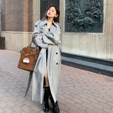 批发<b class='q'>双排扣</b>条纹<b class='q'>风衣</b>外套女2026秋季宽松高级感系带廓形中长款大衣