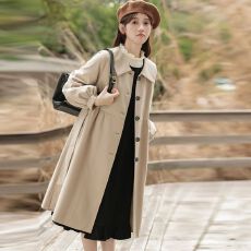 批发韩系<b class='q'>甜美</b>卡其色休闲复古风衣外套女秋季系带收腰宽松翻领长款大衣