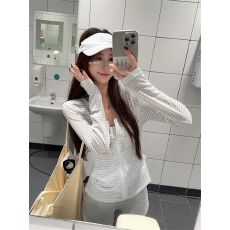 批发薄款雪花棉连帽条纹上衣开衫女春秋气质显瘦拉链款长袖防晒衫外套