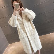 批发2026秋冬加厚仿貂绒格子外套中长款大衣韩版大码宽松<b class='q'>毛衣</b>开衫外搭