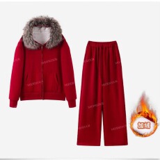 时尚减龄运动服套装女秋冬红色毛领加绒连帽卫衣阔腿裤休闲两件套