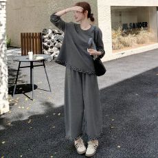 批发<b class='q'>大码</b>女装胖mm高级感圆领木耳边上衣长裤2026春秋季宽松显瘦两件套