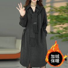 批发大码女装秋冬新款加绒加厚轻奢围巾领连衣裙遮肉系带外穿<b class='q'>打底裙</b>女