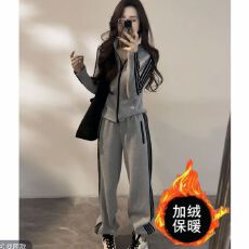 批发大码休闲运动套装女秋冬新款加绒加厚显瘦时尚立领卫衣卫裤两件套