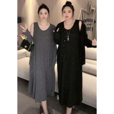 批发大码高级感套装女春秋季新款胖MM显瘦针织开衫背心连衣裙两件套