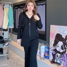 批发<b class='q'>大码</b>韩版连帽拉链卫衣套装女春季胖mm显瘦休闲微喇叭裤裤子两件套