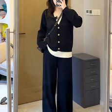 批发<b class='q'>大码</b>秋装搭配一整套针织上衣阔腿裤三件套胖mm巨显瘦休闲套装女