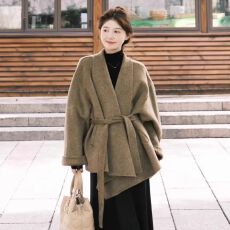批发2026秋冬新款韩版中长款小个子羊毛大衣女浴袍款系带收腰毛呢<b class='q'>外套</b>