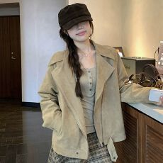 批发美式复古麂皮绒翻领短外套<b class='q'>女</b>小个子设计感宽松百搭<b class='q'>夹克</b>上衣秋冬季