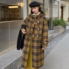 批发格纹毛呢子大衣女中长款秋冬26新款复古高级感牛角扣连帽毛呢<b class='q'>外套</b>
