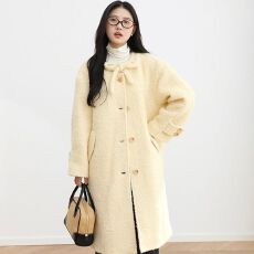 批发秋冬新款圈圈毛鹅黄色毛绒高级感加厚中长款羊毛呢大衣<b class='q'>外套</b>女