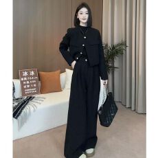 批发时尚套装女秋冬季<b class='q'>新款</b>黑色加厚短款西装<b class='q'>外套</b>上衣高腰直筒裤两件套
