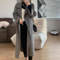 批发夹棉加厚黑色高级感呢子大衣女冬季中<b class='q'>长款</b>绑带西装毛呢外套潮