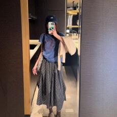 批发紫色字母印花T恤格子半身裙套<b class='q'>装</b>女夏2026超火今年流行爆款两件套