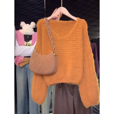 慵懒风V领套头长袖针织衫上衣