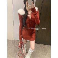 批发秋冬富家千金麻花连帽包臀毛毛领针织毛衣连衣裙女潮