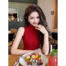 批发复古红色麻花纹高领无袖针织背心