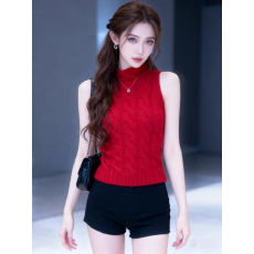 批发红色绞花纹高领无袖针织背心