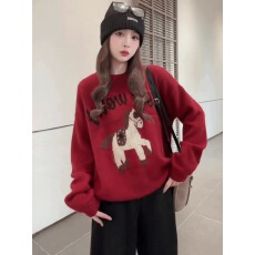 批发红色提花毛衣女秋冬季可外穿内搭针织上衣