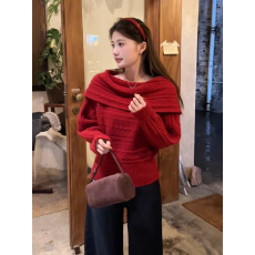 批发圣诞节红色一字肩大翻领长袖针织衫