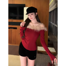 纯欲气质V领露肩长袖T恤女