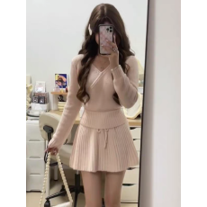 批发韩系温柔慵懒风粉色V领针织毛衣高腰半身裙两件套